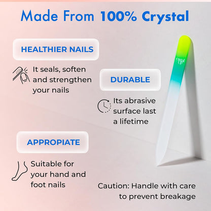Starter Crystal Care Set - 3PC Includes Glass Foot Scraper, Medium Crystal File, and Cuticle Stick for Natural Nails, Glass File Kit