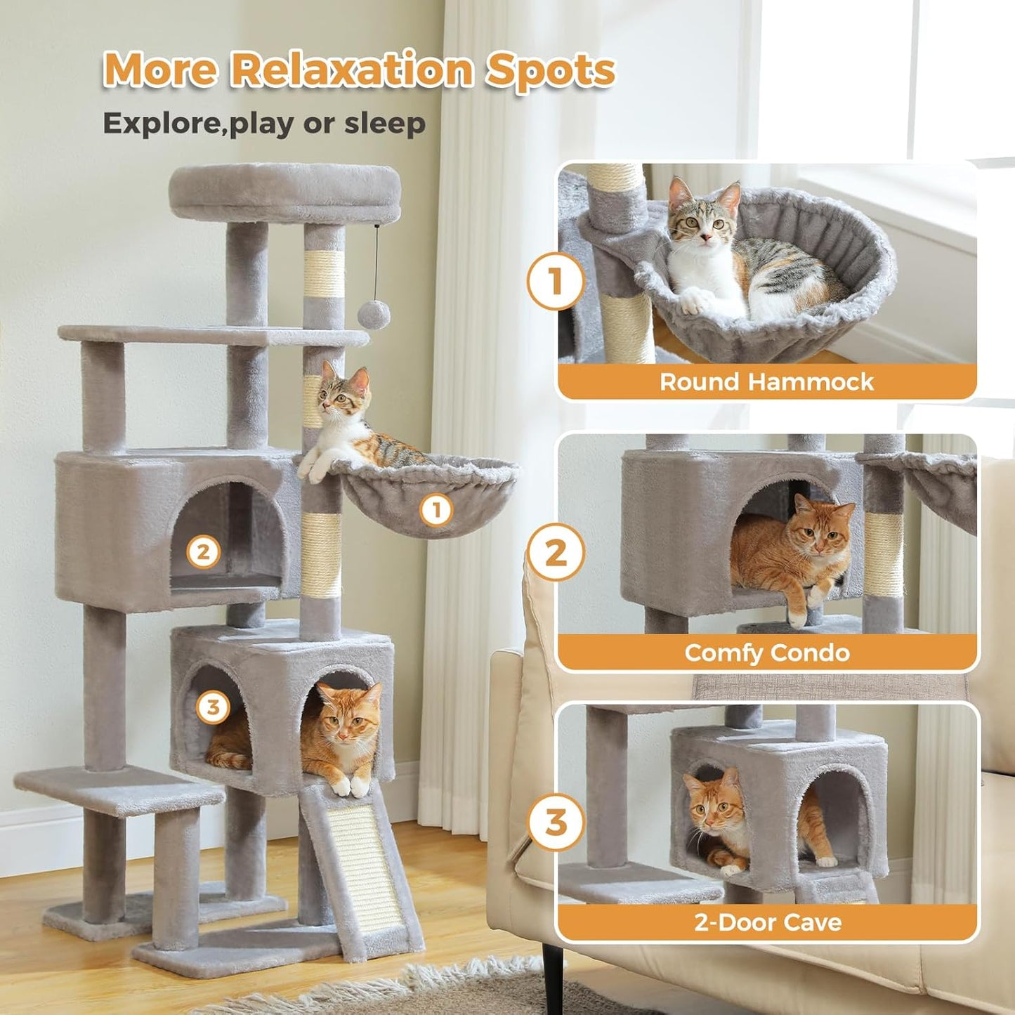 PAWZ Road Cat Tree, 51.6 Inches Cat Tower with Dual Condos, Spacious Perch, Cozy Basket and Sisal-Covered Scratching Posts for Indoor Cats- Gray