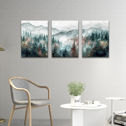 TTHYUEWS Wall Art For Living Room Farmhouse Wall Decor For Bedroom Wall Pictures for Office Fog Forest Mountain Landscape Watercolour Wall Paintings Artwork Ready To Hang Home Decorations 3 Piece