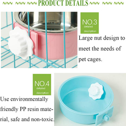 kathson Crate Dog Bowl, Removable Stainless Steel Hanging Pet Cage Bowl Food & Water Feeder Coop Cup for Cat, Puppy, Birds, Rats, Guinea Pigs 2pcs(Green,Pink)
