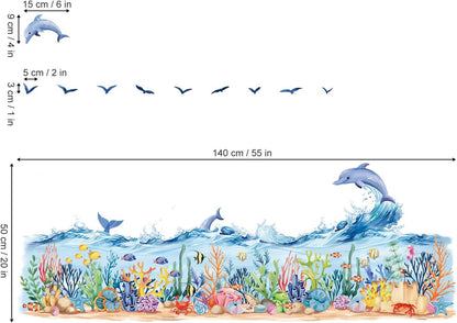 decalmile Under The Sea Seaweed Grass Wall Decals Dolphins Fish Ocean Wave Baseboard Skirting Line Wall Stickers Kids Bedroom Bathroom Wall Decor