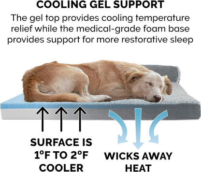 Furhaven Cooling Gel Dog Bed for Medium/Small Dogs w/ Removable Bolsters & Washable Cover, For Dogs Up to 35 lbs - Two-Tone Plush Faux Fur & Suede L Shaped Chaise - Stone Gray, Medium