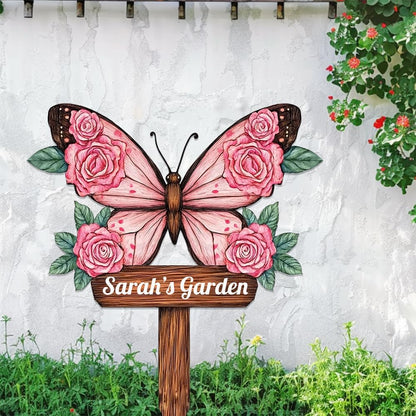 Personalized Butterfly Metal Sign with Stake,Custom Gardener Last Name Signs Outdoor Decorate,Customized Garden Accessories Decor for Mother's Day,Rose Flowers Plaques for Patio Lawn Porch Backyard