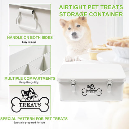 Metal Dog Treat Container,Dog Treats Storage Box with Lid,White Pet Food Bin with Dividers,Rectangular Dog Cat Treats Organizer,Ideal for Sort,Great Gift for Pet Owners