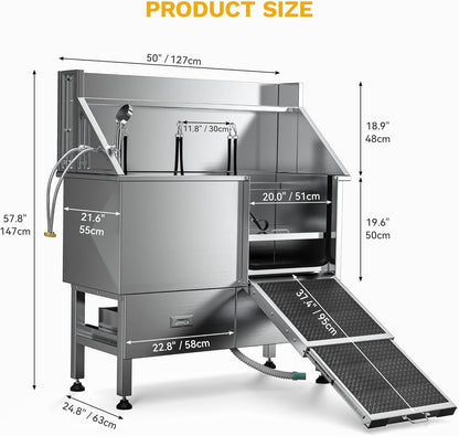 DWVO Professional Dog Bathing Station Stainless Steel 304 Dog Bathtub 50in for Grooming w/Left Door Ramp, 2 Storage Drawers, Faucet, Grate, Pet Washing Station for Large, Medium, Small Pets