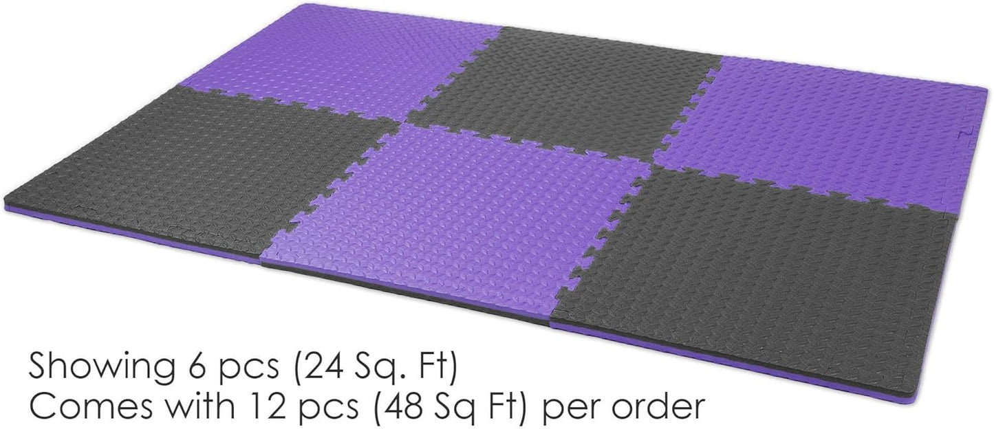 Xspec 1" Extra Thick 48 sq ft Reversible EVA Gym Foam Floor Mat Tiles (24" x 24"), Steel Pattern, 12 pcs, Black/Purple
