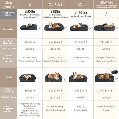 EHEYCIGA Foldable L Dog Bed, Faux Fur Fluffy Dog Couch Bed, Orthopedic Calming Memory Foam L Pet Bed for Large Dogs, Washable Soft Warm Pet Sofa Bed with Non-Slip Bottom, Dark Grey, 40"x30"x6"
