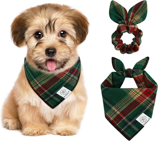 E-Clover Dog Bandana & Matching Scrunchie - Green Red Plaid Pet Scarf, Cute Costumes Accessories for Small Medium Large Dogs