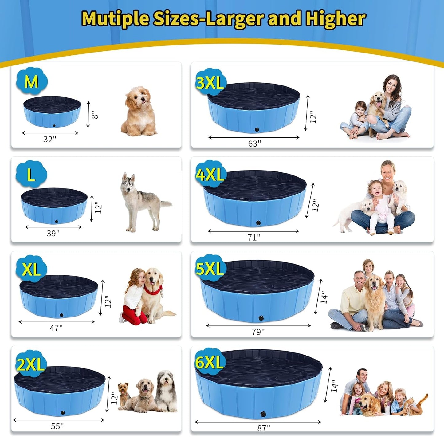 Foldable Dog Pool, 55" x 12" Kiddie Pool with Hard Plastic, Non-Slip Dog Bath Tub for Outdoor Backyard, Collapsible Dog Swimming Pool for Kids Dogs Pets (Blue)