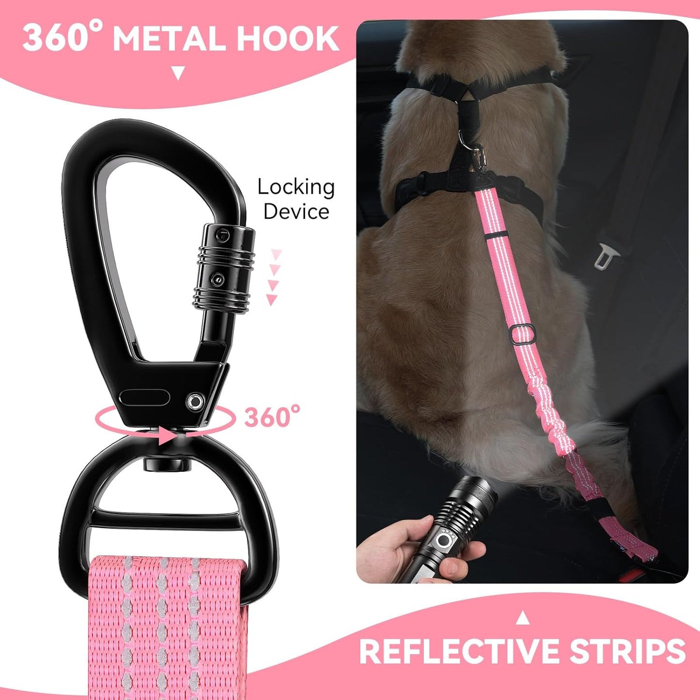 Pawaboo Dog Seatbelt for Car, 3-in-1 Dog Seat Belt Bungee, Shockproof Dogs Tether for Car with Buckle & Hook Latch, Adjustable Reflective Dogs Cars Harness Leash with 360° Lockable Buckle, Pink
