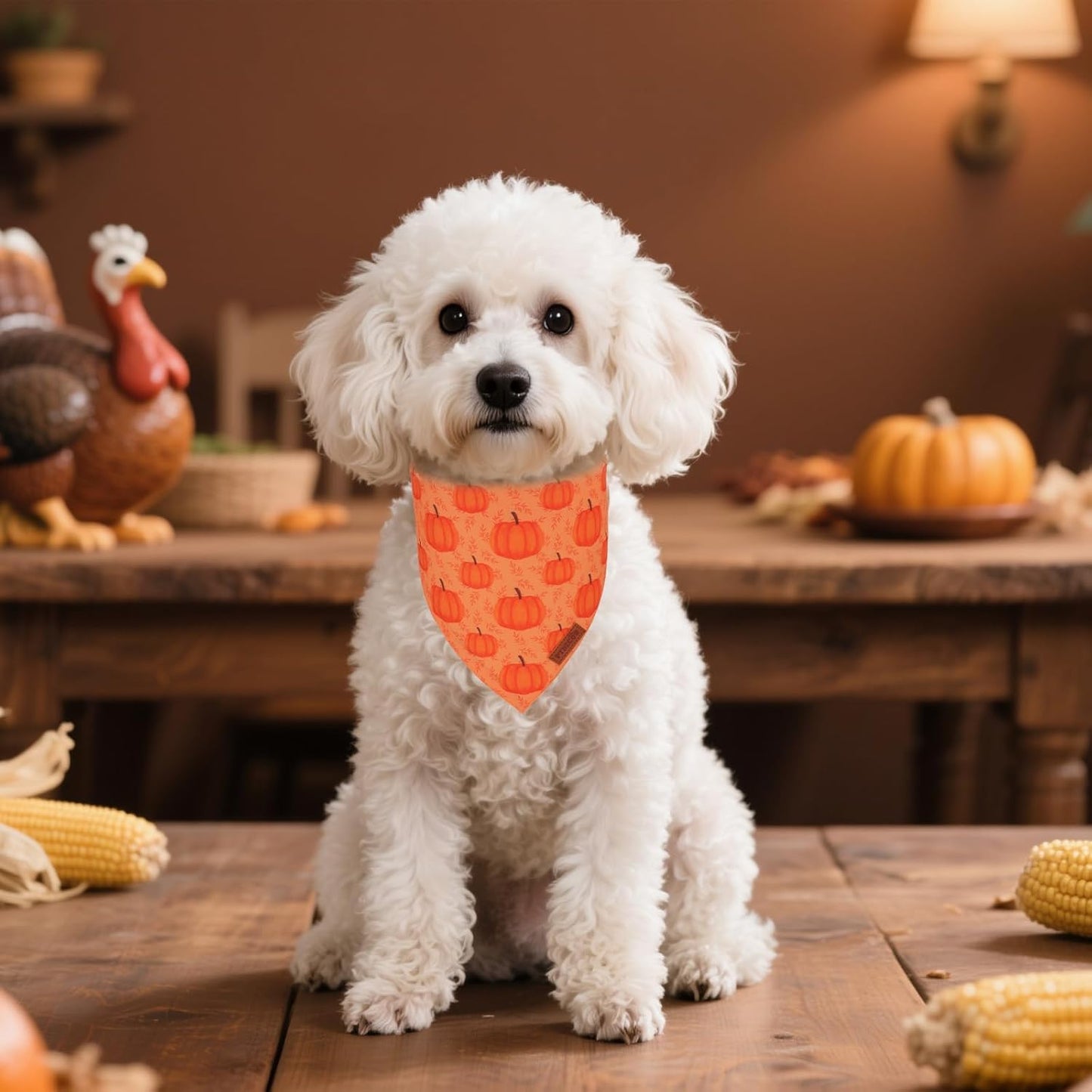 PTDECOR Thanksgiving Fall Dog Bandanas, Orange White Reversible Holiday Pet Scarf, Happy Thanksgiving Pumpkin Triangle Thanksgiving Bandanas for Small Dogs Puppies Cats(Small)