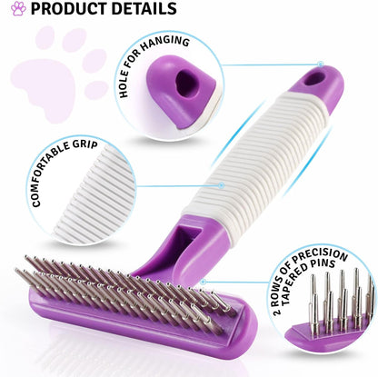 POODLIE Poodle Pet Dog Grooming Rake| Dematting Tool with Stainless Steel Shedding Comb for Pets | 2 Rows of Pins Gently Remove Loose or Tangled Hair from Undercoat | Purple Handle