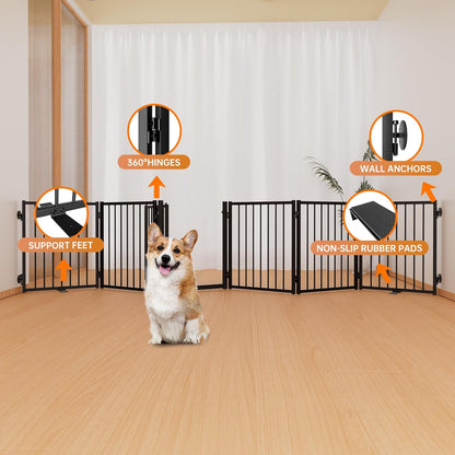 Full Metal Freestanding Dog Gate with Door, 24'' Height Foldable Pet Dog Fence for Indoor & Outdoor, 6 Panels Extra Wide Free Standing SmallDog Gates for Doorways,House,Stairs,Porch,Deck,Yard
