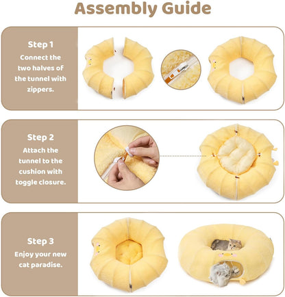 EHEYCIGA Cat Tunnel Bed for Indoor Cats, Cute Cat Donut Toy Tunnel for Small Large Cats with Washable Circle Cushion, Peekaboo Pet Cave Play Tunnel for Kitten, Puppy, Rabbit