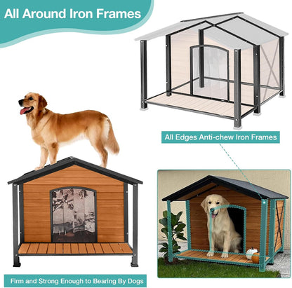 Outdoor Dog House,Weatherproof Wooden Dog Shelter for Small to Medium Sized Dogs,Iron Frame Indoor Outdoor Doghouse,Puppy Kennel,Pets Warm House in Winter with Large Porch