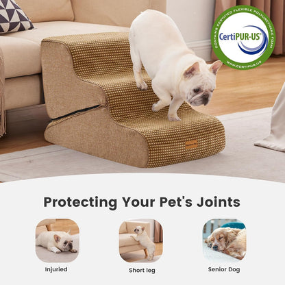 Gardner Pet Dog Stairs for Small Dogs 16.5" H, 2 in 1 Transformable 3-Step Pet Stairs and Dog Ramp for Couch (13-20 in), Brown Adjustable Pet Steps with Non-Slip Waterproof Cover and CertiPUR-US Foam