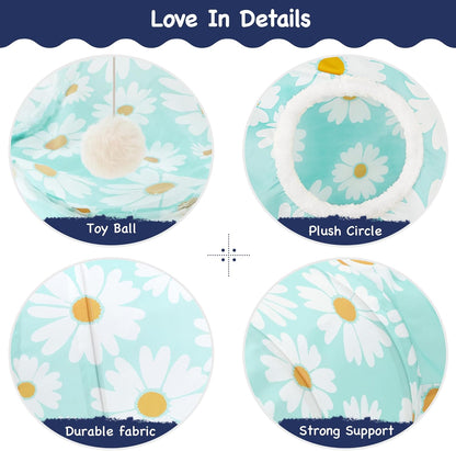 Tempcore Pet Cat Tunnel Tube Cat Toys 3 Way Collapsible, Cat Tunnels for Indoor Cats，Kitty Tunnel Bored Pet Toys Peek Hole Toy Ball, Puppy, Kitty, Kitten, Rabbit Daisy Blue Printed