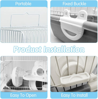 PINVNBY Dwarf Hamster Cage, Small Animal Cages, 2-Tier Travel Portable Mouse Cage Hamster Carrier with Castle House Running Exercise Wheels, Water Bottle and Food Dis（Gray）