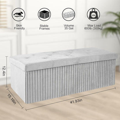 Storage Ottoman Bench, 43 Inch Foldable Ottoman with Legs, Velvet Foot Rest Stool, End of Bed Bench, Storage Chest for Living Room, Bedroom (Grey)