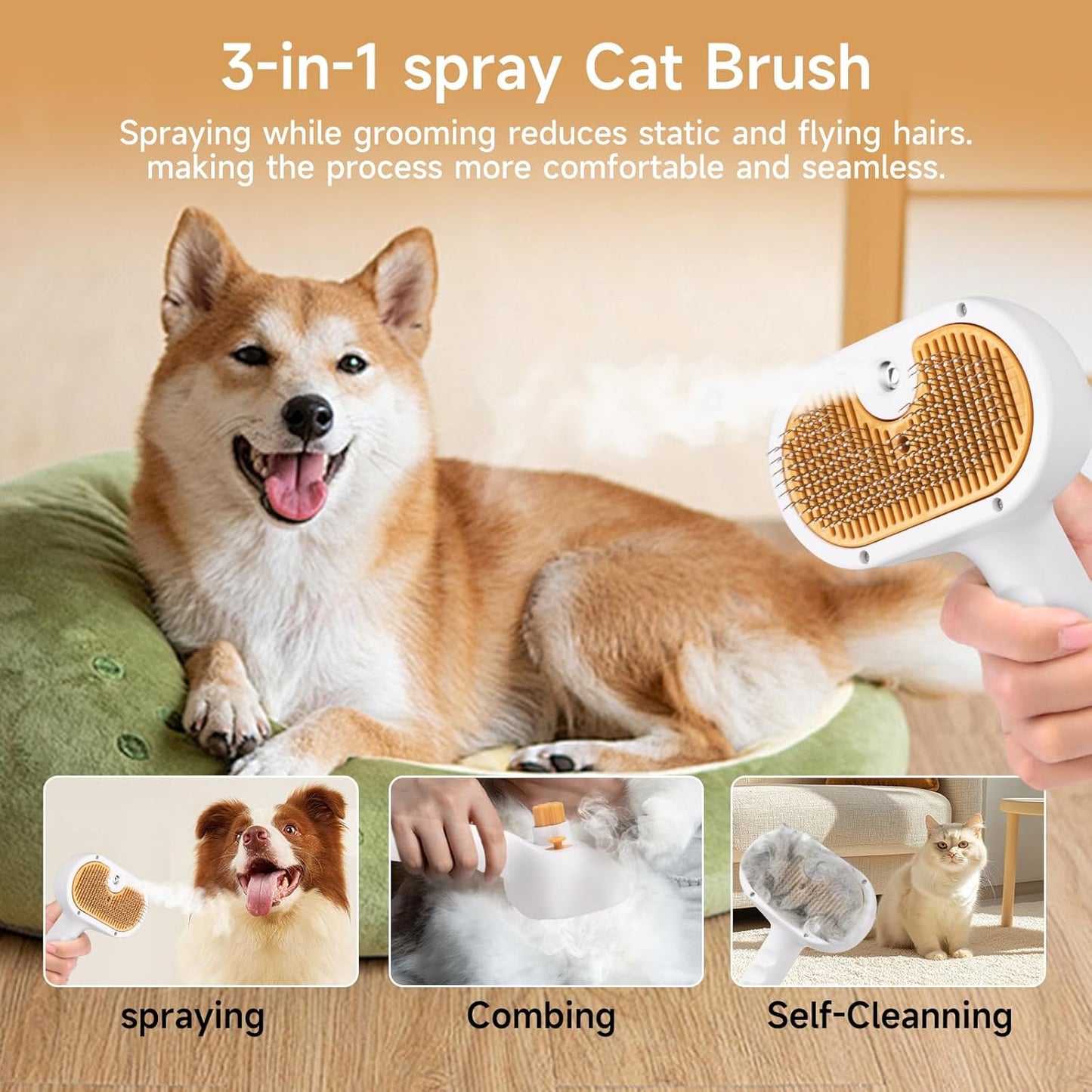 Pet Steam Brush for Dog & Cat – 3-in-1 Spray Hair Removal Comb – Steam for Shedding & Grooming – Water Brush for Long & Short Haired Pets – Spritz Defur Comb – Includes Waterless Shampoo