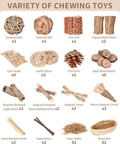 31PCS Rabbit Chew Treat Toys for Teeth Health, Natural Bunny Enrichment Toys for Boredom & Stress Relief, Keep Busy Toys for Guinea Pig Chinchilla Hamster Rat Gerbil Degu Indoor Outdoor