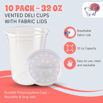 Snout and Shell Deli Cups with Fabric Vented Lids, 10 Pack - Secure Fruit Fly & Insect Cultures, Prevent Escapes & Contaminants, Easy Fruit Fly Media Preparation, Hot Liquid Safe