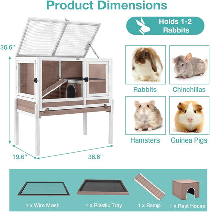 Guinea Pig Cage with Wooden Stand,Indoor Rabbit Hutch with 2 Stories,Hamster Cage with Anti Chew Ramp,Hideout, Platform, Pull Out Tray (Brown)