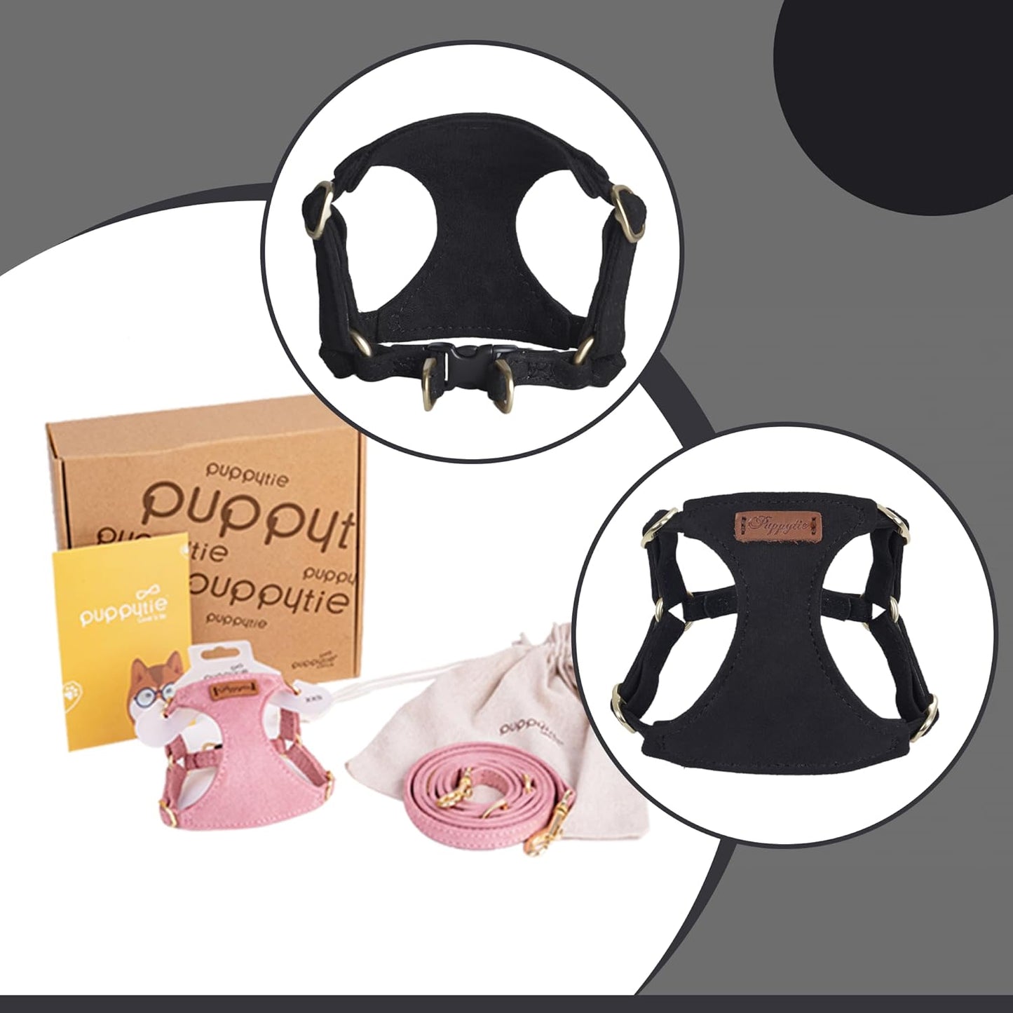 Puppytie No Pull Small Dog Harness with Multifunction Dog Leash,Lightweight Soft Adjustable No Choke Escape Proof Pet Harness Vest Pet Harness Vest,Black,M