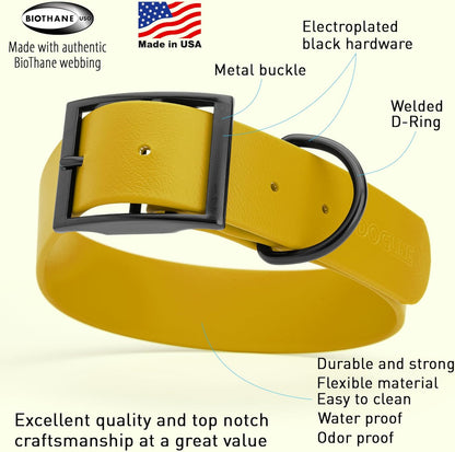 Dogline Biothane Waterproof Dog Collar Strong Coated Nylon Webbing with Black Hardware Odor- Proof for Easy Care Easy to Clean High Performance Fits Small Medium or Large Dogs, Treasure Gold