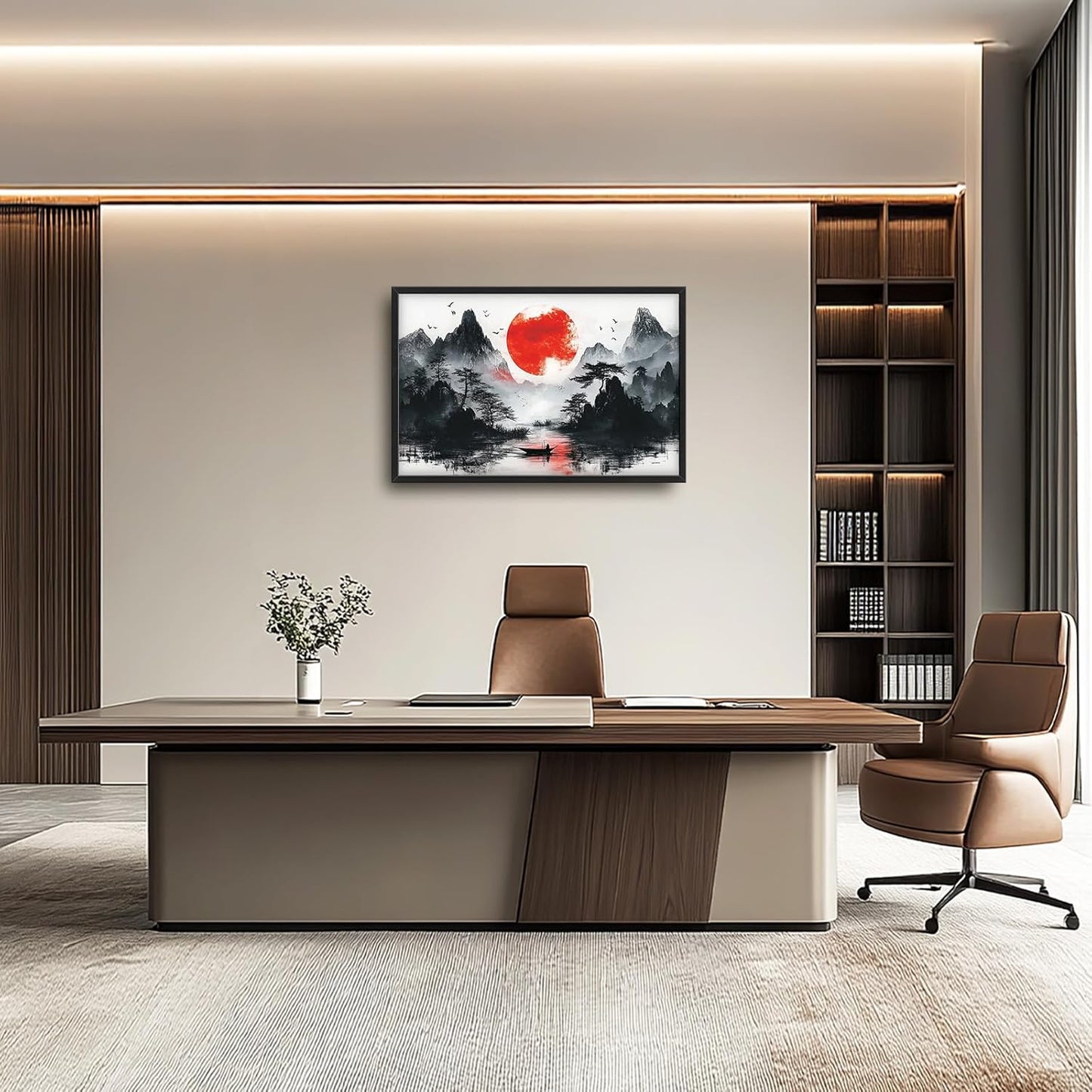 Framed Large Japanese Mountain Wall Art for Living Room, Oversized Asian Red Sun Lake Landscape Wall Decor Nature Canvas Painting Home Decoration for Living Room Bedroom Office 36"x24"