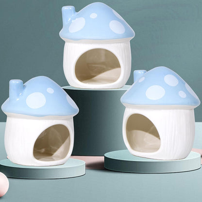 Ceramic Mushroom Hamster Hideout - Hamster Habitat for Hamsters Chinchillas Hedgehogs and Gerbils Mouse Small Pet Guinea Pigs House Hamster Bed (Blue)