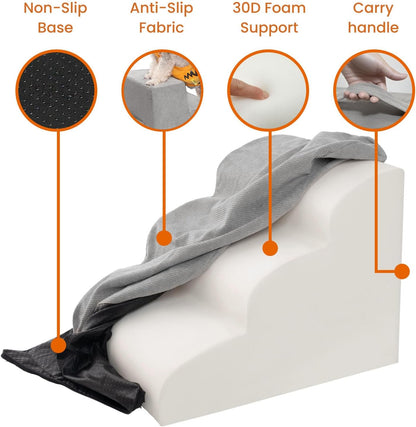 MEWANG Dog Stairs for Small & Medium Dogs and Old Cats –3/4/ 5 Steps High-Density Foam Pet Ramp for Bed & Couch, Non-Slip, Washable Cover, Grey (Round Corner, 5 Steps: 29.92''×22.83''×15.75'', 2)