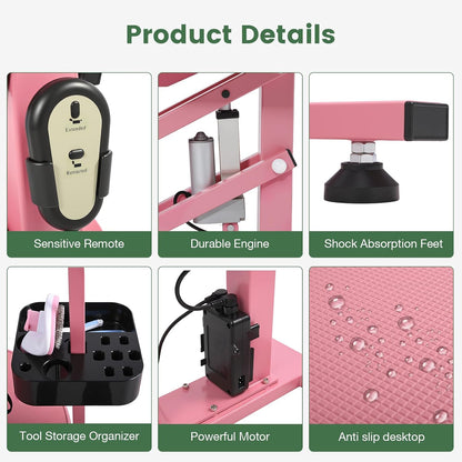 Electric Hydraulic Lift Pet Dog Grooming Table, 24Inch Grooming Desktop for Small Dogs, with Overhead Arm, Wireless Remote, Tool Organizer, Pink