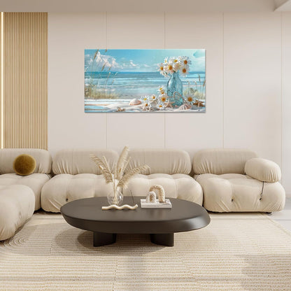 Large Beach Wall Art for Living Room Flower Daisy Art Big Space Size Framed Ocean Shell Canvas Prints Blue Pictures Painting Artwork Office Bedroom Home Decor 60"x30"