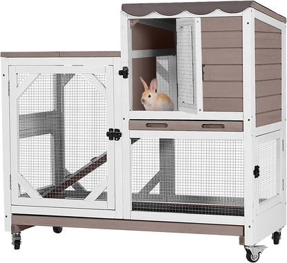 Rabbit Hutch Outdoor Indoor,Two Story Wooden Bunny Cage with Casters,Guinea Pig Cage for Small to Medium Animals with Waterproof Roof and Leakproof Tray