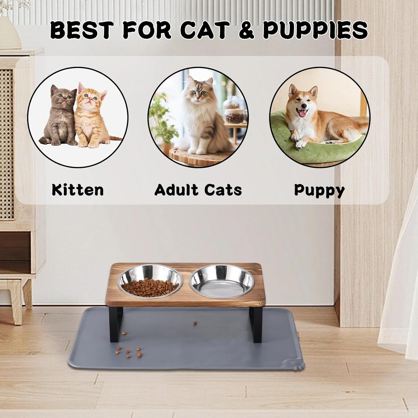 Upgraded Elevated Cat Bowls with Food Mat,15°Tilted Stand Anti Vomiting Raised Cat Dishes for Food and Water,2 Stainless Steel Bowls for Cats and Puppy（Rustic Brown）