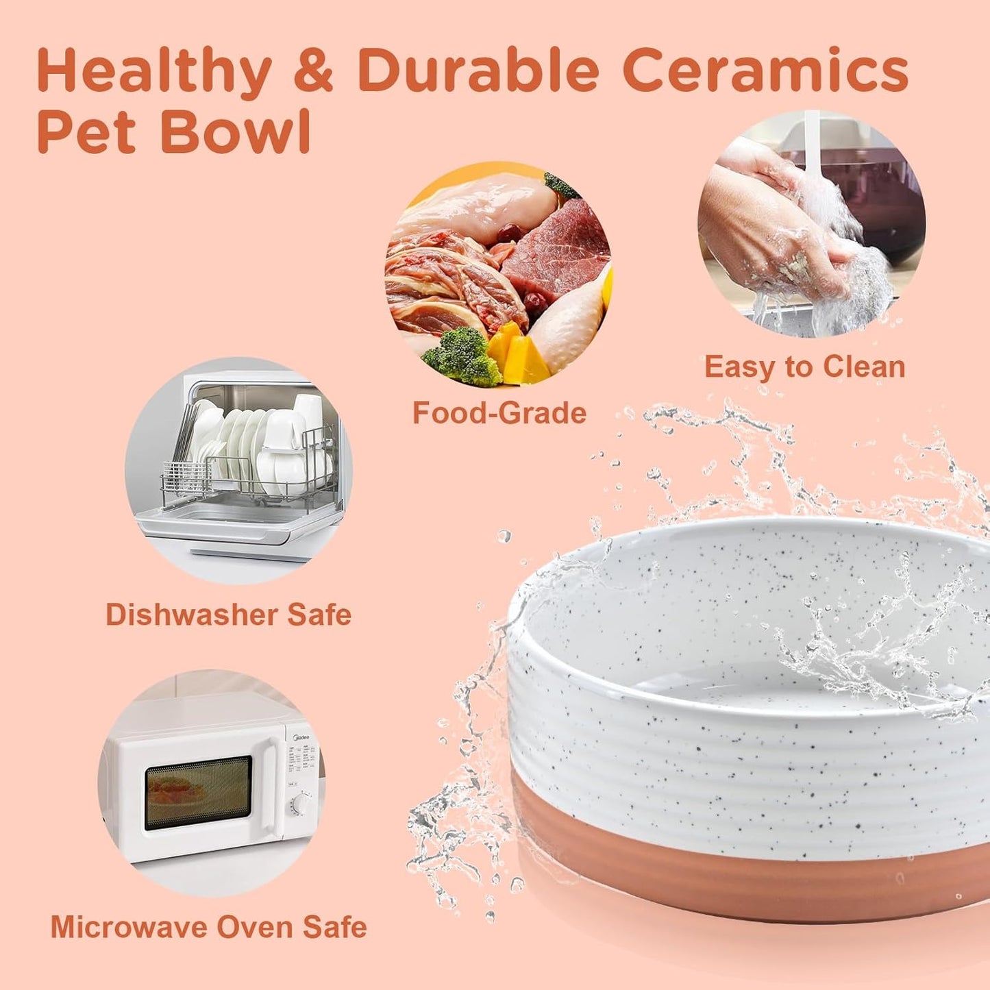 SPUNKYJUNKY Ceramic Dog Bowls 2 Pack, 8.3'' Dog Food Water Double Feeding Bowls Non-Slip for Large Sized Breed Microwave Dishwasher Safe - 60 OZ, 2pcs, Pattern White