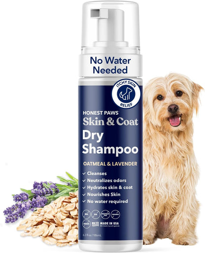 Honest Paws Dog Dry Shampoo - Waterless No Rinse Foaming Formula Reducing Itch Cleanse Hydrate Nourish Dry Skin and Smelly Coat Help Decrease Odor Shedding and Allergies - Oatmeal & Lavender - 6.3 oz
