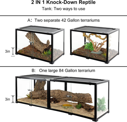 REPTIZOO 84 Gallon Large Reptile Terrarium Extra-Long 60" x 18" x 18" Spliceable Glass Reptile Tank, Double Top Cover Enclosure Habitats
