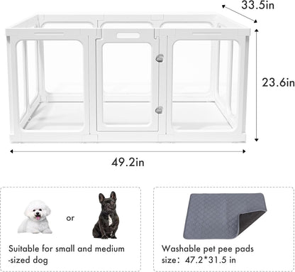 Acrylic Dog Playpen with Door, 24" 10PCS Clear Pet Play Pen Indoor for Small Animals, Transparent Puppy Fence Kennel Rabbit Ferret, Doggie Cages Yard Easy Assemble