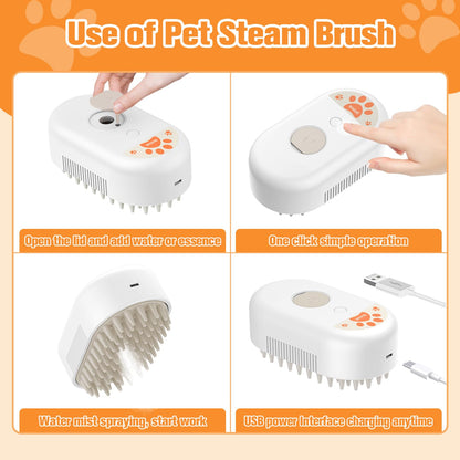 Cat Steam Brush,Rechargeable Pet Steam Brush for Cats Dogs,Silicone Dog Brushes for Short&Long Haired Dogs,3 In 1 Pet Hair Remover Tool for Massage Grooming,Cleaning,Shedding White