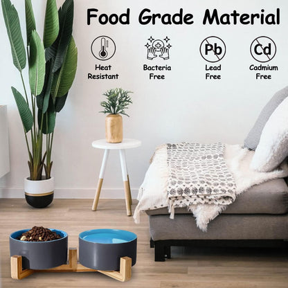 Petygooing Heavy 5.1 in Ceramic Cat Dog Bowls Set with Wood Stand for Food and Water, Non-Slip Cute Modern Pet Dish for Small Size Dogs and Cats (13.5OZ) Medium Sized Dogs (28OZ) Grey Blue