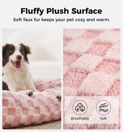 Made4Pets Dog Couch Bed, Soft Faux Fur Checkered Pet Sofa, Comfortable Fluffy Dog Sofa with Supportive Foam, Removable Washable Cover with Non-Slip Base, Pink, Large