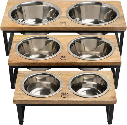 Mango Wood Dog Bowl Stand - Elevated Pet Feeder with 2 Stainless Steel Bowls - Raised Food and Water Dish Set for Dogs and Cats, Available in 4 Sizes, Pet Dining Station, Large/48oz