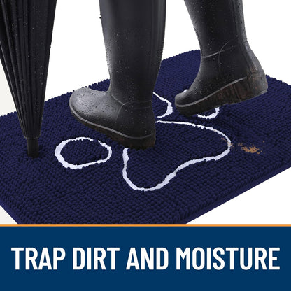 OLANLY Door Mat for Muddy Dog Paws 40x32, Ultra Absorbent Chenille Mud Doormat with Paw Print Design, Non-Slip Washable Doormat for Indoor Entryway, Quick-Dry Pet Bed Mats for Dirty Dogs, Navy Blue