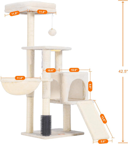 Heybly Cat Tree with Cat Self Groomer Brush, Cat Tower Condo for Indoor Cats with Padded Plush Perch, Cat House with Basket Scratching Board Post, Beige HCT005SM