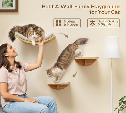 Wood Cat Wall Shelf with Soft Foam Cushion, Curved Cats Wall Bed for Large Cats, Floating Cat Perch for Sleeping & Climbing