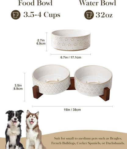 MALACASA Dog Bowl Set with Walnut Wood Stand, 3.5 Cups Ceramic Pet Bowls for Puppy Dogs, Dual Food and Water Bowls with Non-Slip Base, Basic Bowls for Your Dog or Cat, Five-Leaf Grass & Honeycomb