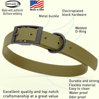 Dogline Biothane Waterproof Dog Collar Strong Coated Nylon Webbing with Black Hardware Odor- Proof for Easy Care Easy to Clean High Performance Fits Small Medium or Large Dogs, Olive Drab Green