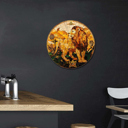 Lygond Metal Sign Tin Sign Circular Stained Glass Lion Funny Outdoor Decor for Club 8×8 Inches